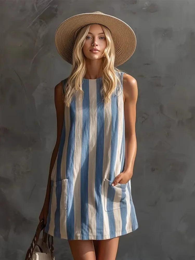 Women's Striped Mini Dress – Batwing Sleeve A-Line with Pockets
