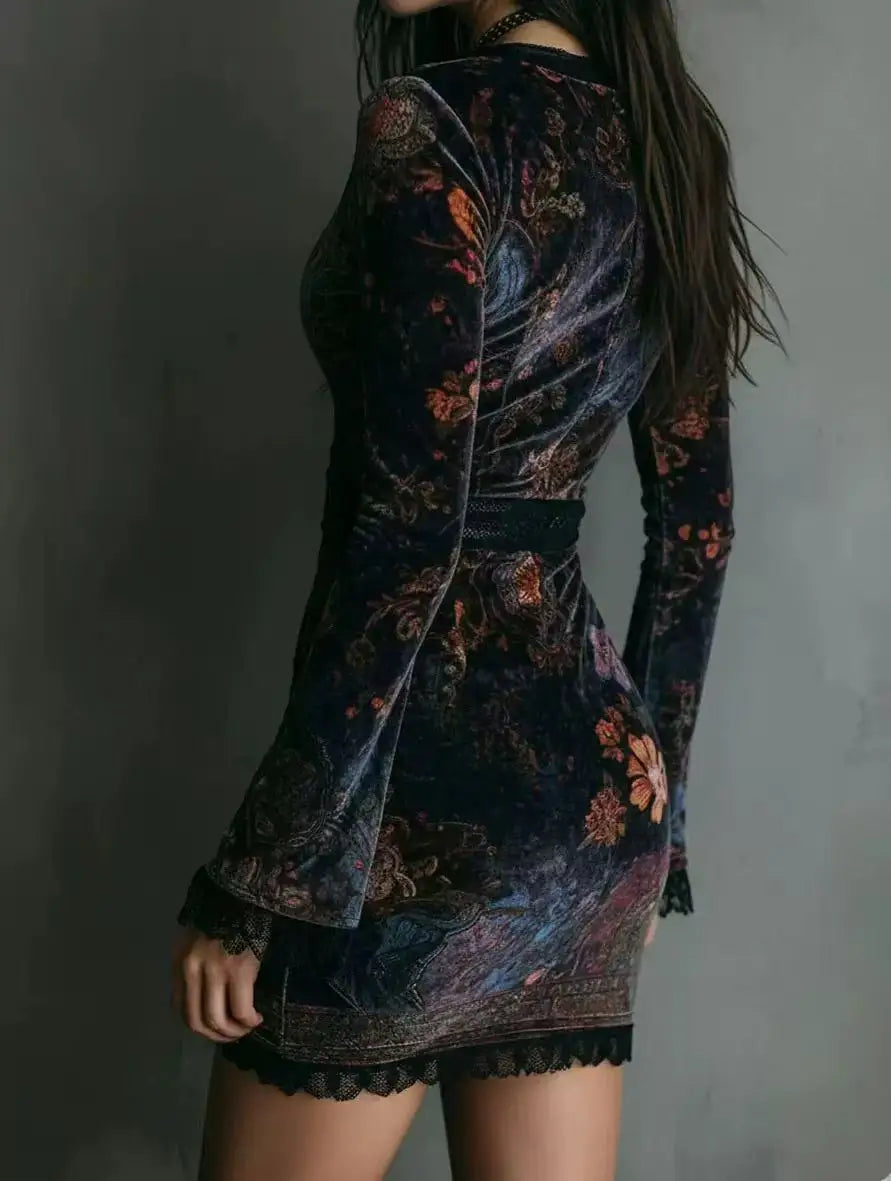 Velvet Floral Lace Trim Bodycon Dress – Deep V-Neck Long Sleeve | Women's Elegant European Style