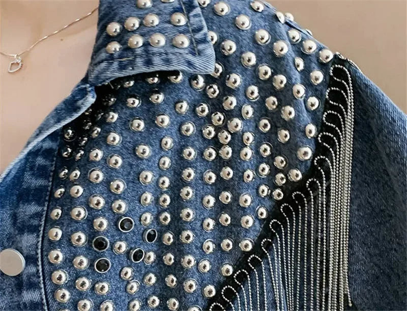 Women's Hand-Studded Denim Jacket | Rivet Tassel Chain Short Jean Coat | Vintage Streetwear | IOQRCJV