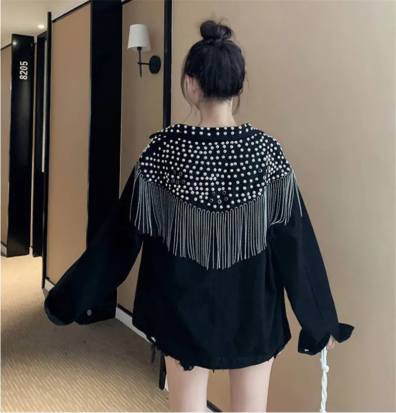 Women's Hand-Studded Denim Jacket | Rivet Tassel Chain Short Jean Coat | Vintage Streetwear | IOQRCJV