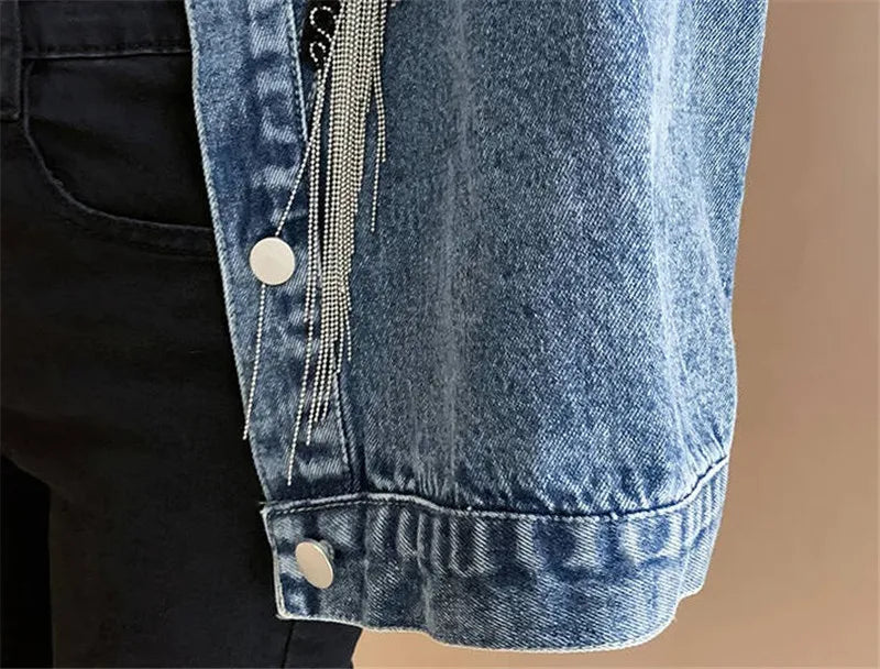 Women's Hand-Studded Denim Jacket | Rivet Tassel Chain Short Jean Coat | Vintage Streetwear | IOQRCJV