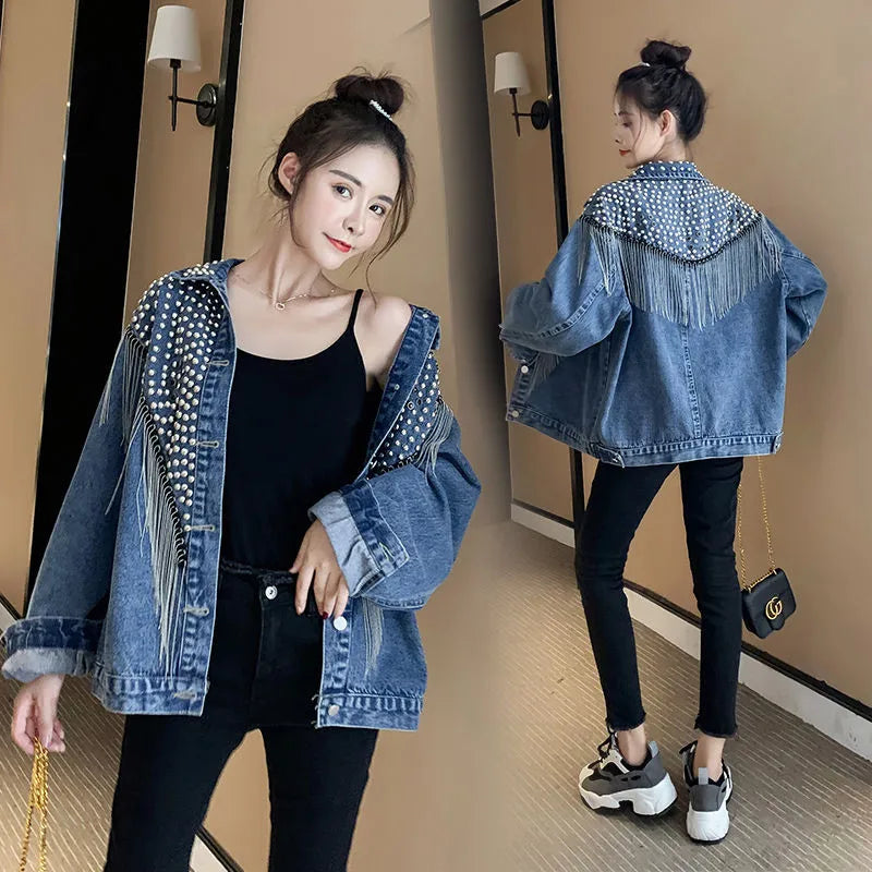 Women's Hand-Studded Denim Jacket | Rivet Tassel Chain Short Jean Coat | Vintage Streetwear | IOQRCJV