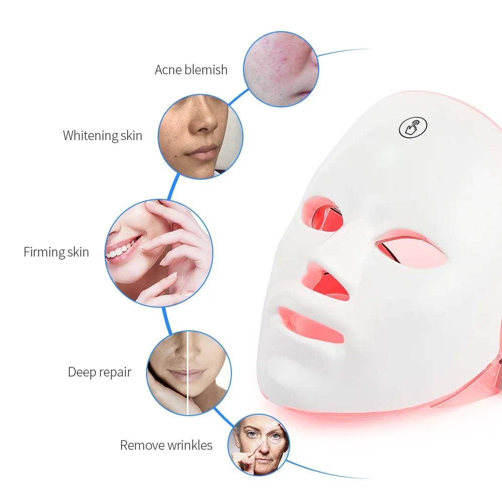 Máscara Facial LED 7 Cores Recarregável para Rejuvenescimento Lifting e Clareamento da Pele