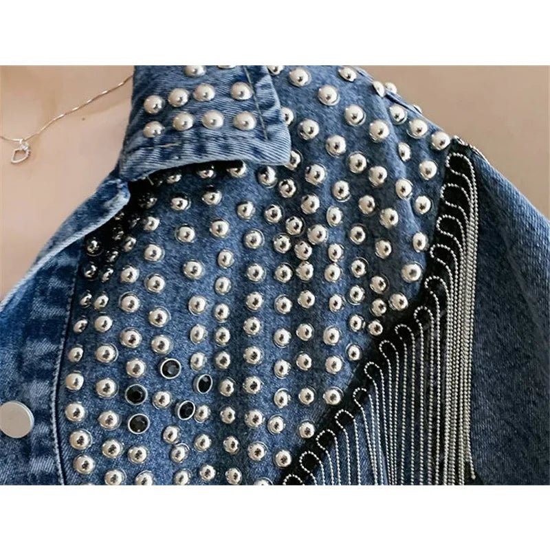 Women's Hand-Studded Denim Jacket | Rivet Tassel Chain Short Jean Coat | Vintage Streetwear | IOQRCJV