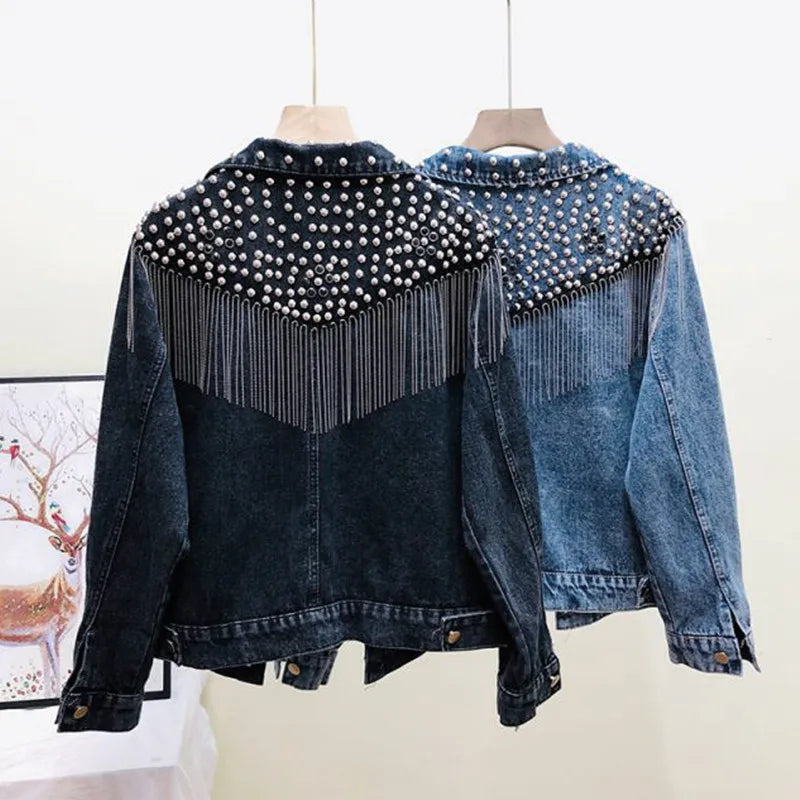 Women's Hand-Studded Denim Jacket | Rivet Tassel Chain Short Jean Coat | Vintage Streetwear | IOQRCJV