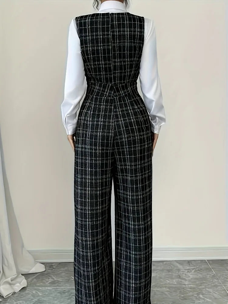Plaid Tweed Wide Leg Jumpsuit – High Waist Pearl Buttons | Women's Elegant Office Formal Wear