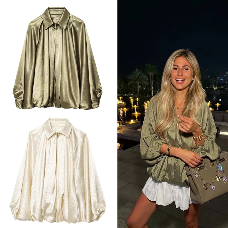Women's Oversized Bomber Jacket | Puff Sleeve Zip-Up Streetwear Coat | Vintage Casual | Army Green & Beige