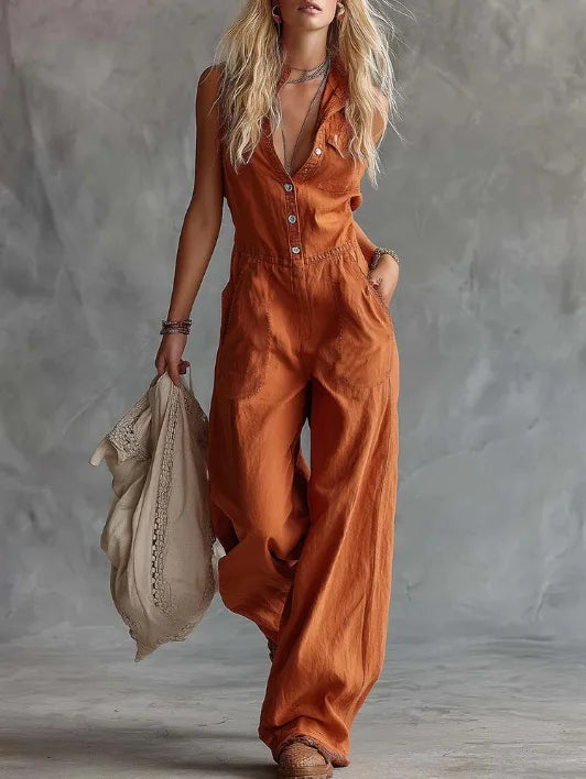 Women's Sleeveless V-Neck Jumpsuit – Wide Leg Solid Color with Pockets | Summer Streetwear 2026