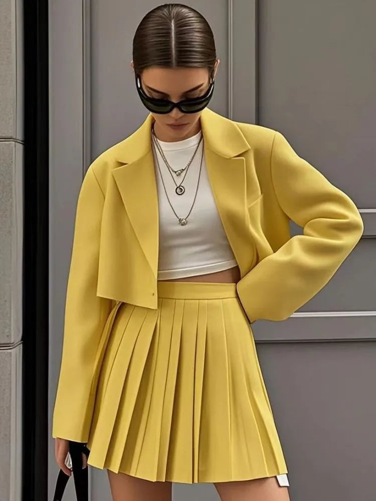 Women's Two-Piece Skirt Suit – Long Sleeve Notched Collar Top & Mini Skirt | Office Lady Spring Fashion