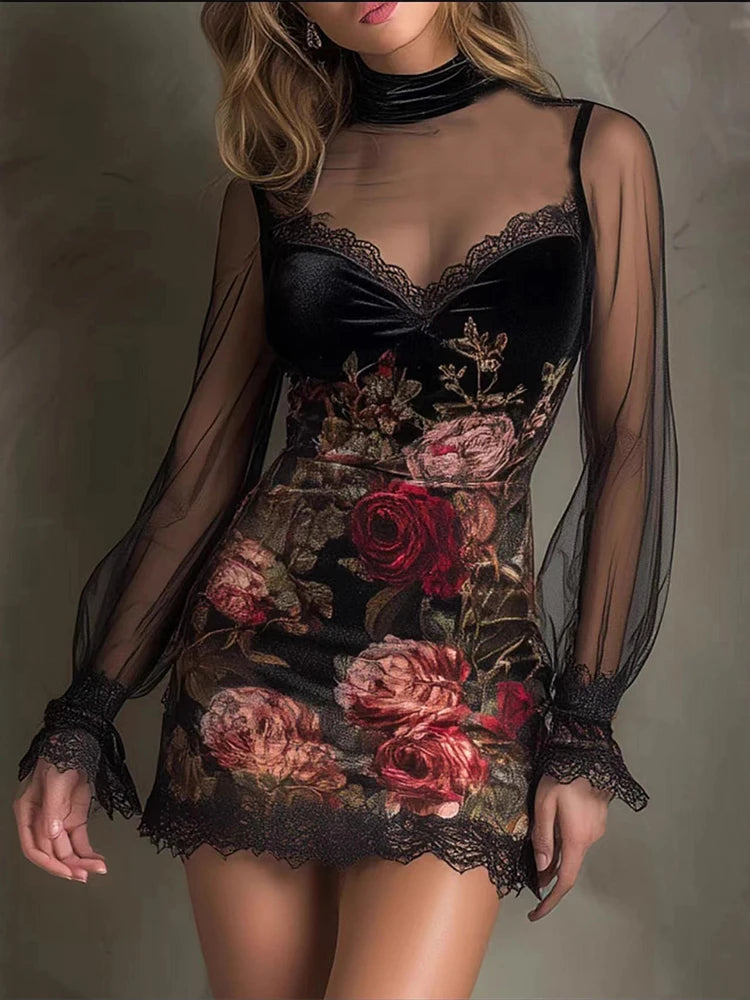 Floral Lace Mesh Mini Dress – Long Sleeve Hip-Hugging | Women's Sexy European Style