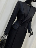 Women's Long Black Double-Breasted Blazer Coat – Slim Fit Elegant European Overcoat