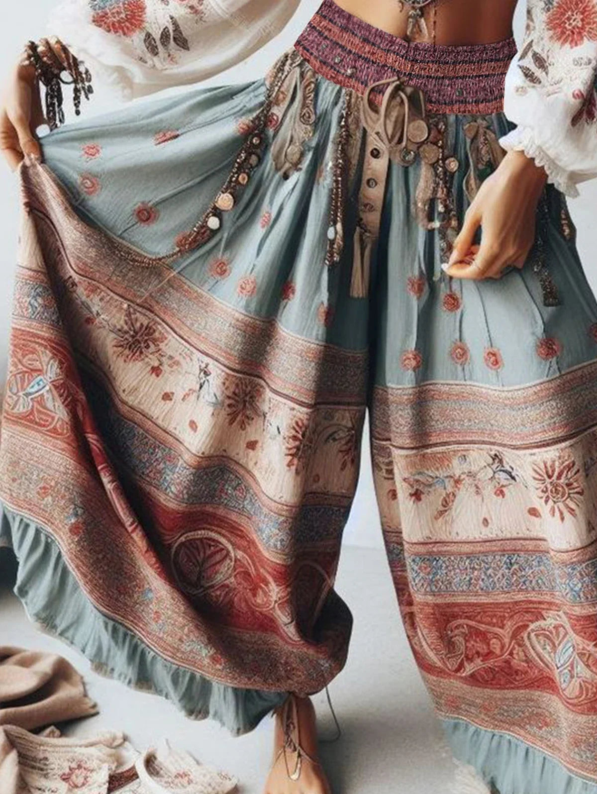 Women's Boho Wide Leg Floral Pants | High Waist Patchwork Trousers | Beach Ethnic Style