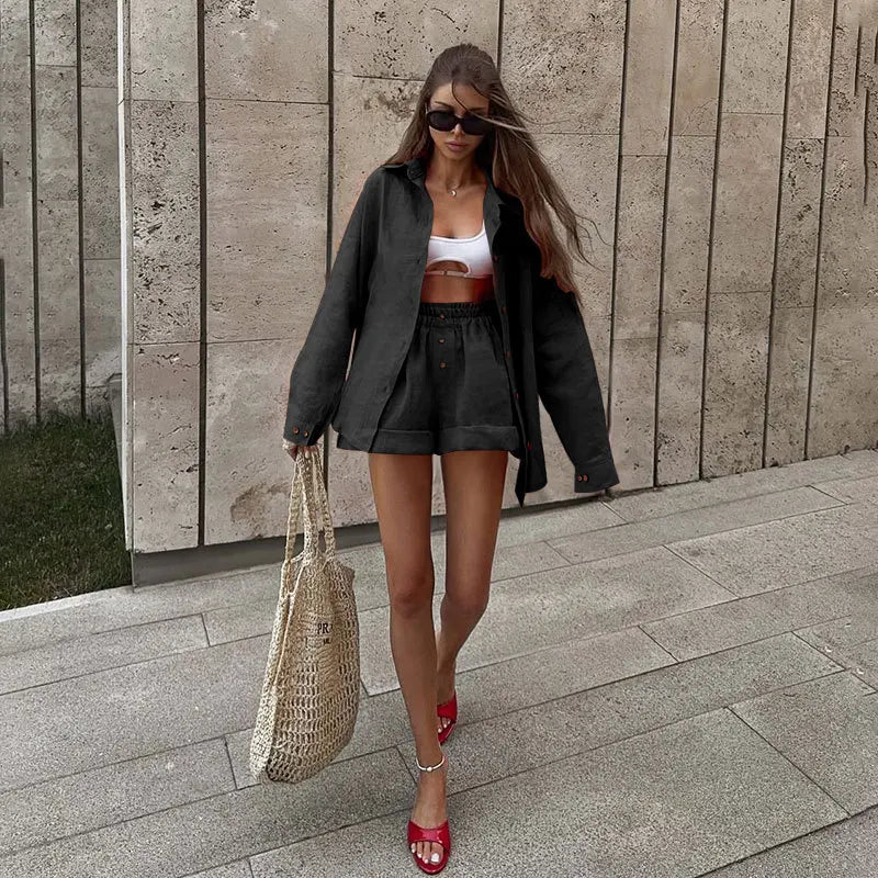 Women's Long Sleeve Shirt & Shorts Set – Casual 2-Piece Matching Outfit