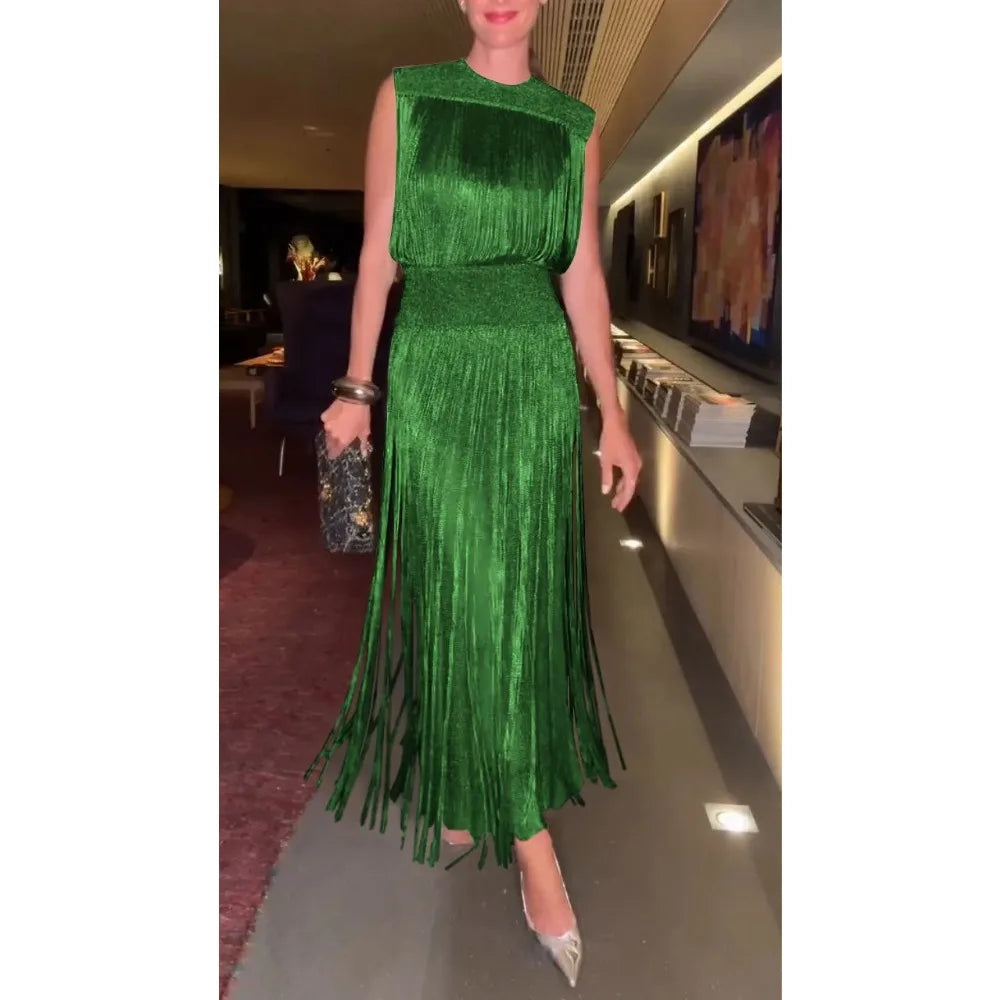 Two-Piece Tassel Dress Set – Sleeveless Hollow Out Evening Party Dress for Women