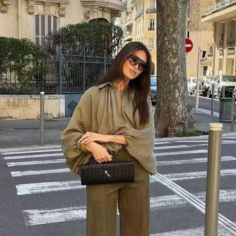 Women's Oversized Bomber Jacket | Puff Sleeve Zip-Up Streetwear Coat | Vintage Casual | Army Green & Beige