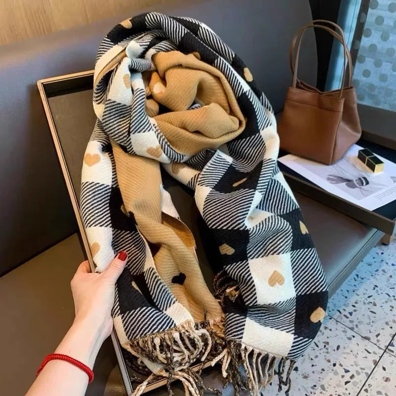 Women's Plaid Heart Print Blanket Scarf – Thick Warm Shawl Wrap | Autumn Winter