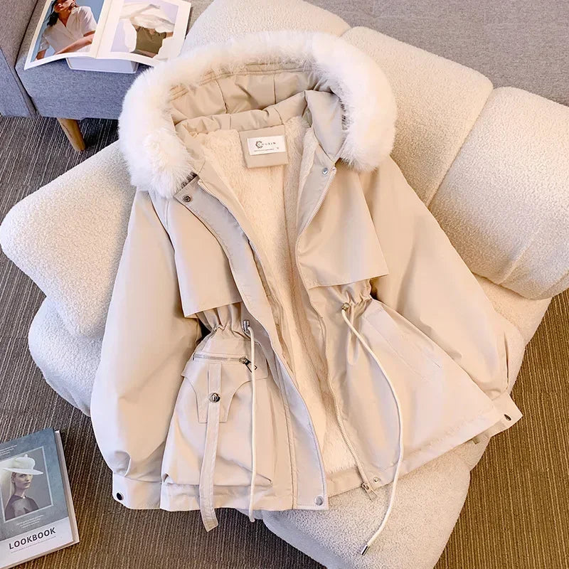 Women's Fleece-Lined Hooded Puffer Jacket – Drawstring Padded Parka | Korean Streetwear