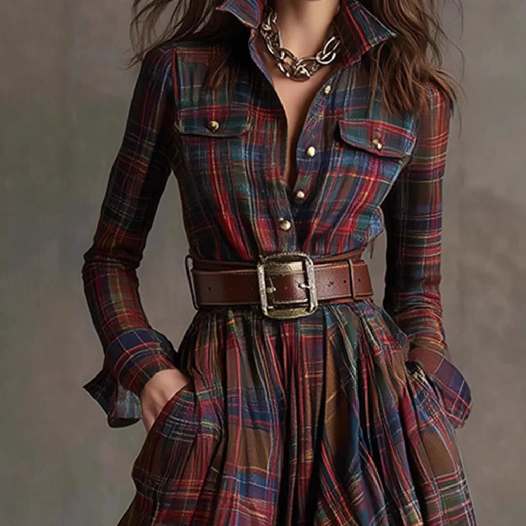 Plaid Shirt Maxi Dress – Long Sleeve Button-Up Dress with Pockets for Women