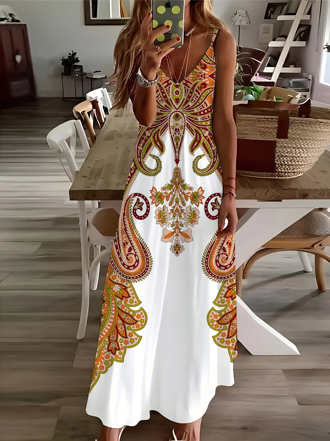 Paisley Floral Print Boho Maxi Dress – Spaghetti Strap Vacation Dress for Women