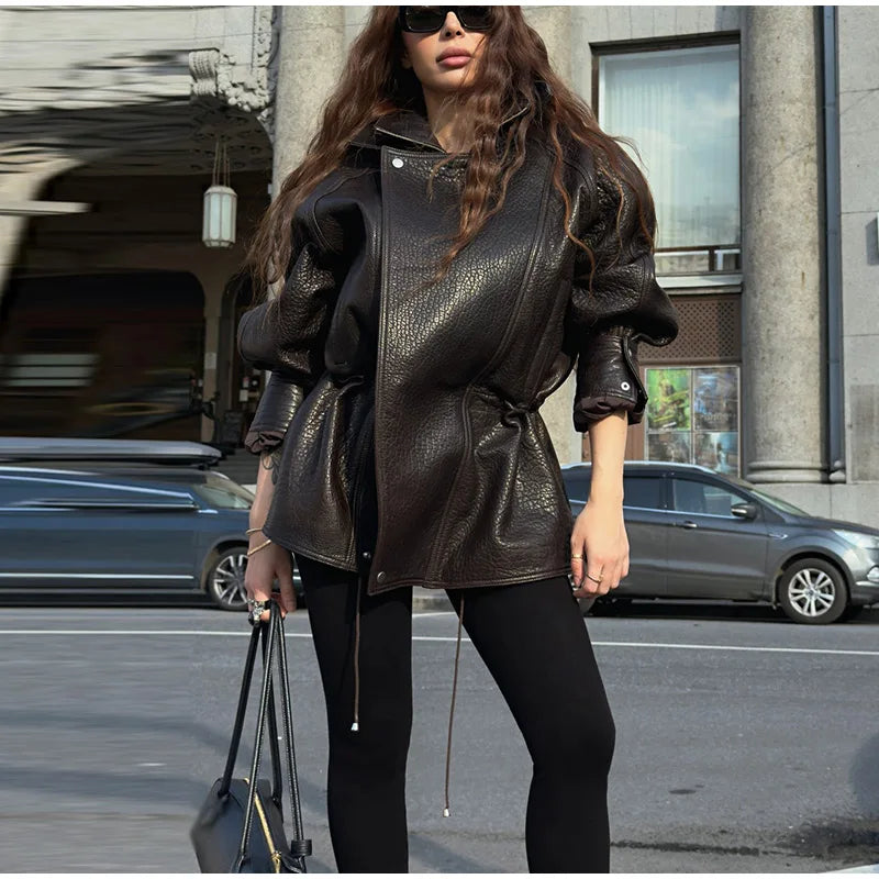 Women's Textured PU Leather Jacket | Urban Lapel Asymmetric Loose Biker Coat | Autumn Winter