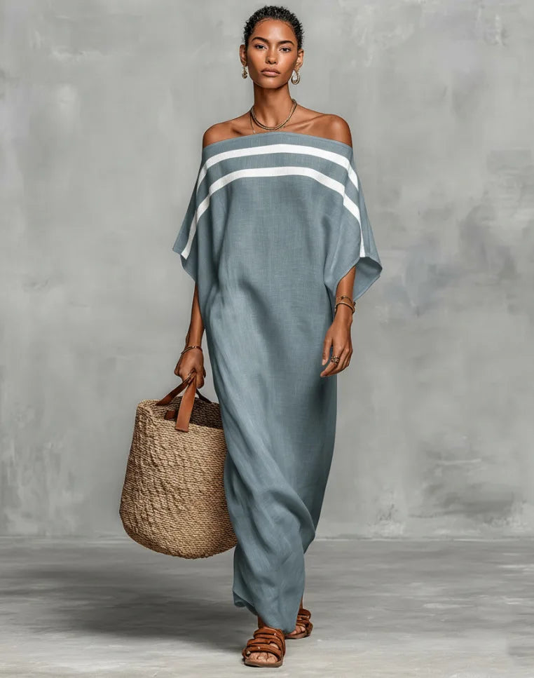 Women's Striped One-Shoulder Maxi Dress – Retro Beach Vacation Dress
