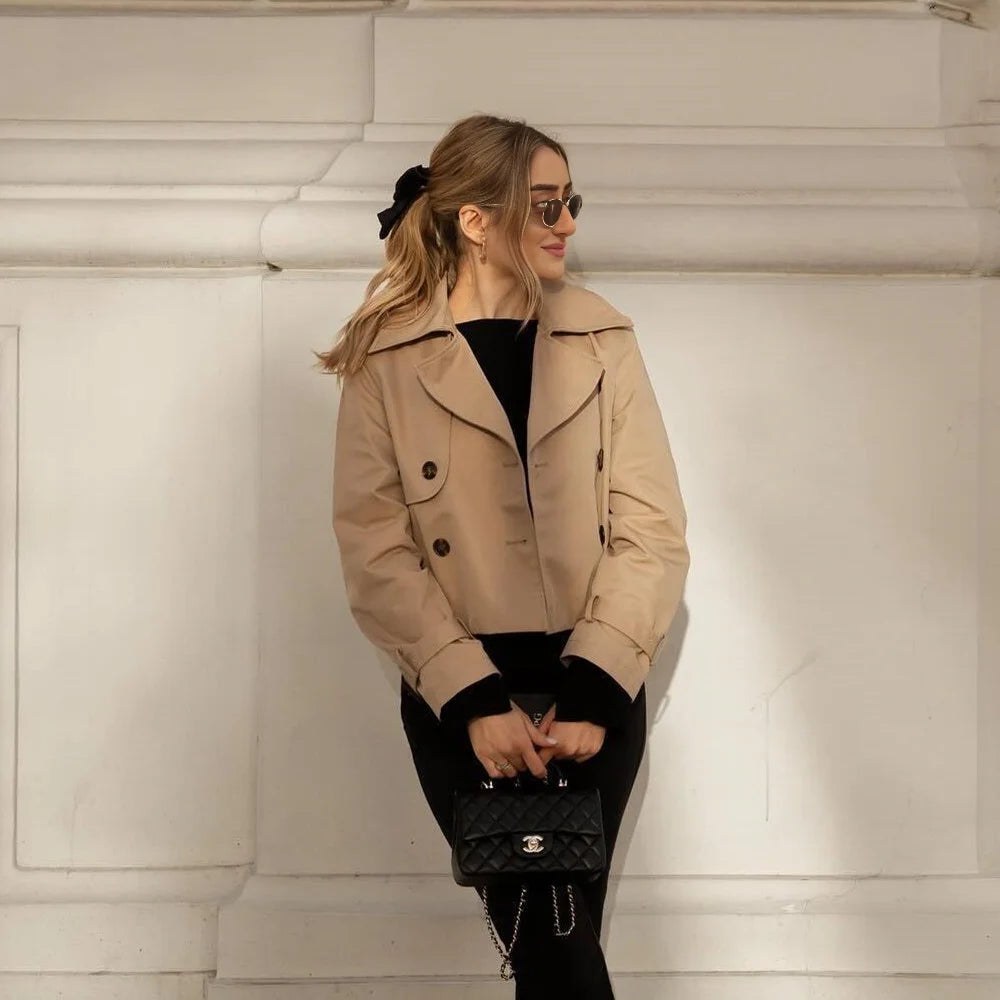 Women's Vintage Cropped Trench Coat | Double Breasted Streetwear Jacket | All Season | MOXFCIZO