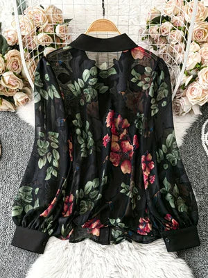 Women's Vintage Floral Chiffon Blouse – Lantern Sleeve Sheer Top | Work & Date