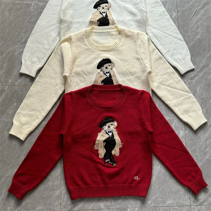 Women's Bear Embroidered Cashmere Sweater | Preppy Cartoon Knit Pullover | Round Neck | Autumn Winter | CBAFU
