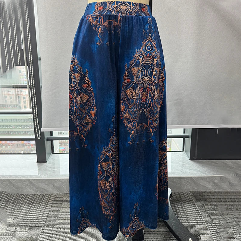 Women's Wide Leg Velvet Trousers – Ethnic Paisley Print High Waist Vintage Pants | Autumn Winter