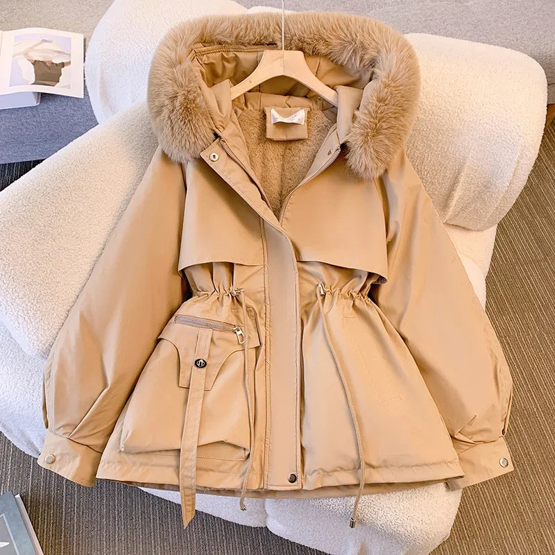 Women's Fleece-Lined Hooded Puffer Jacket – Drawstring Padded Parka | Korean Streetwear