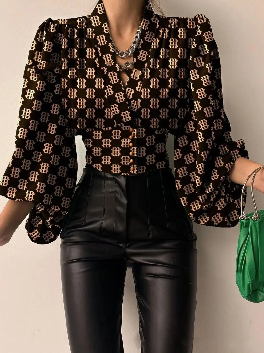 Women's Lantern Sleeve V-Neck Blouse – Slim Print Button Shirt | Office Lady Style