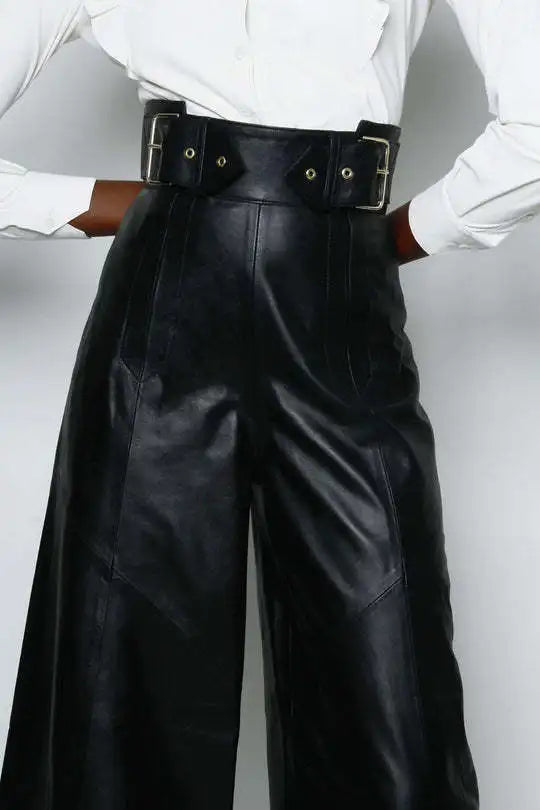 Women's Faux Leather Wide Leg Pants – High Waist Zipper Sash Street Style PU Trousers | Spring Summer