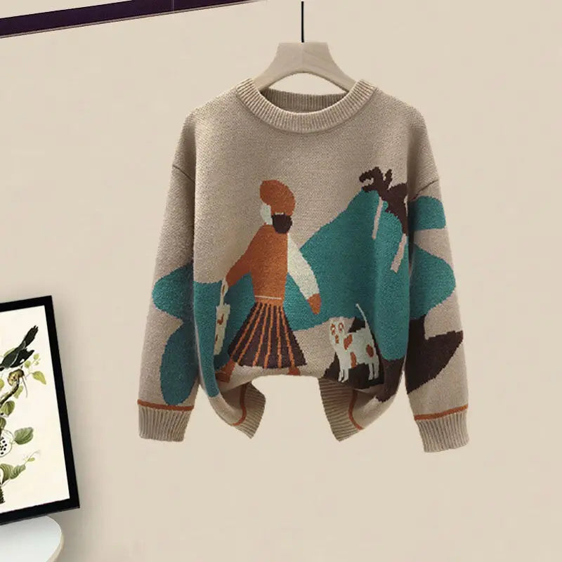 Women's Knit Sweater & Midi Skirt 2-Piece Set – Geometric Print Indie Folk Elegant Outfit | Autumn Winter