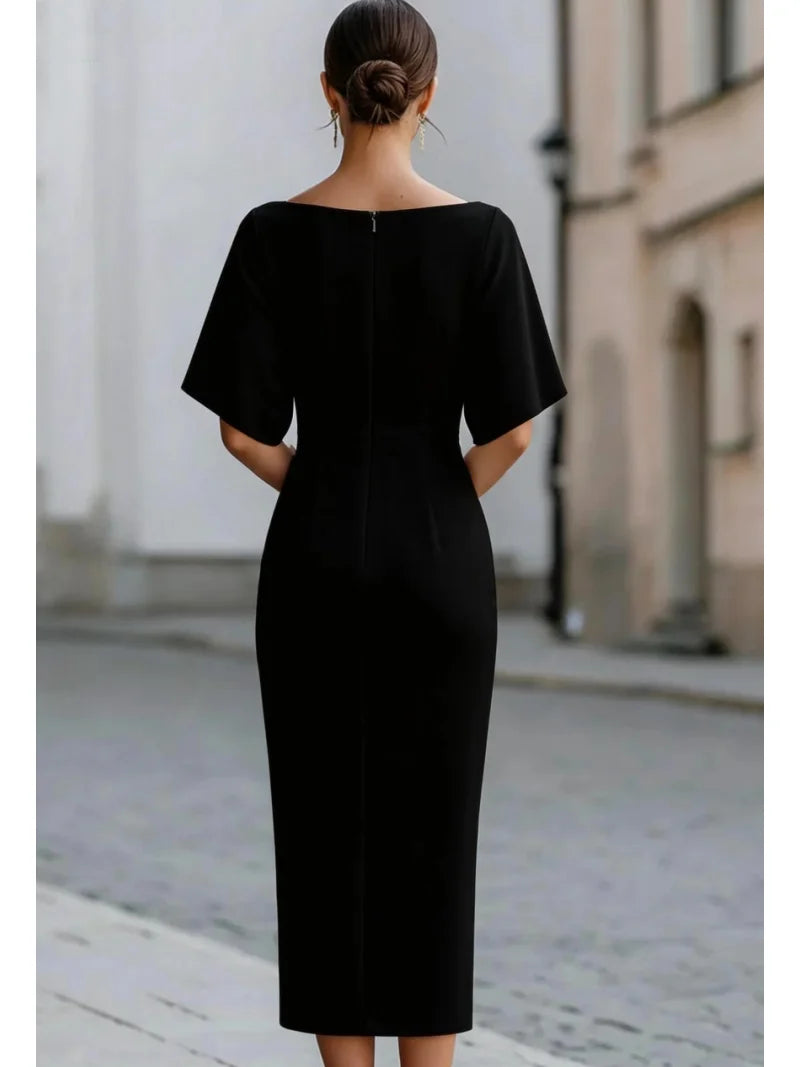 Elegant Slash Neck Midi Dress – Fitted Waist | Women's Formal & Party Wear