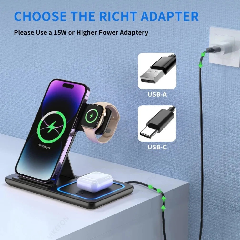 Carregador Sem Fio 3 em 1 Dobrável 15W para iPhone iWatch e AirPods Estação de Carregamento Rápido
