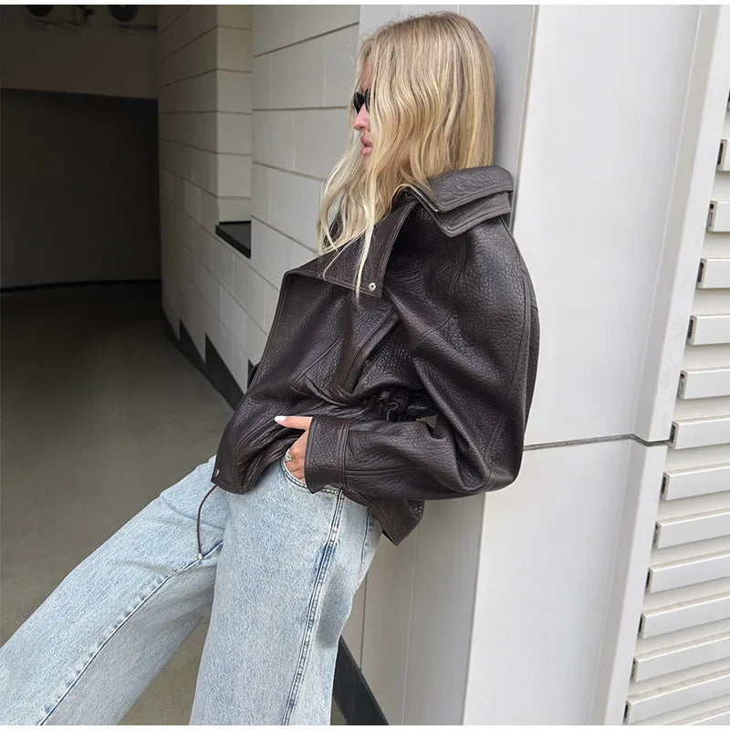 Women's Textured PU Leather Jacket | Urban Lapel Asymmetric Loose Biker Coat | Autumn Winter