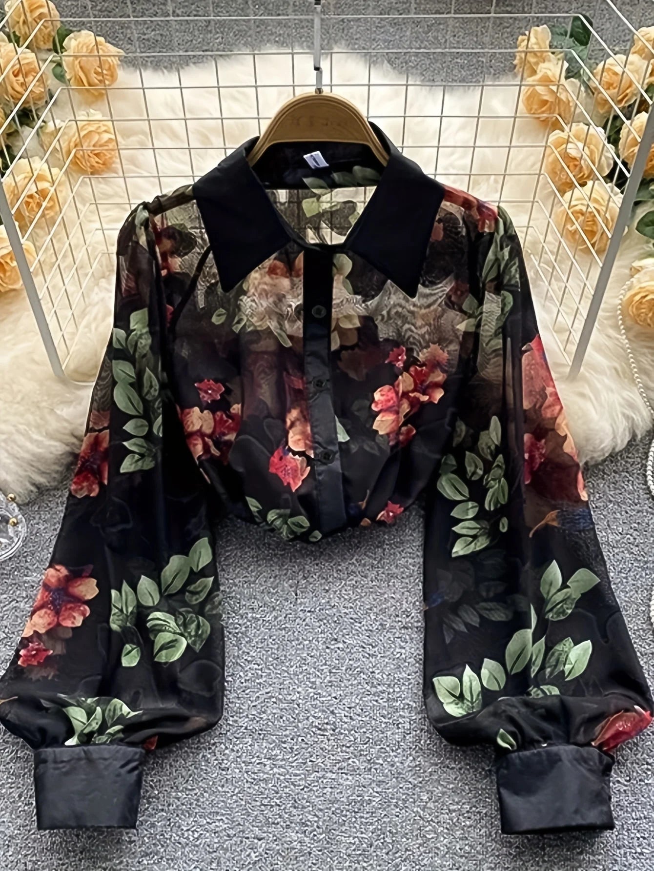 Women's Vintage Floral Chiffon Blouse – Lantern Sleeve Sheer Top | Work & Date