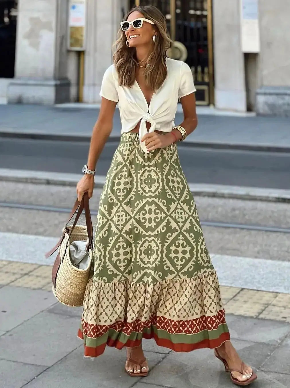 Women's Boho Chiffon Swing Midi Skirt | Elastic Waist Geometric Print | Beach & Daily Wear