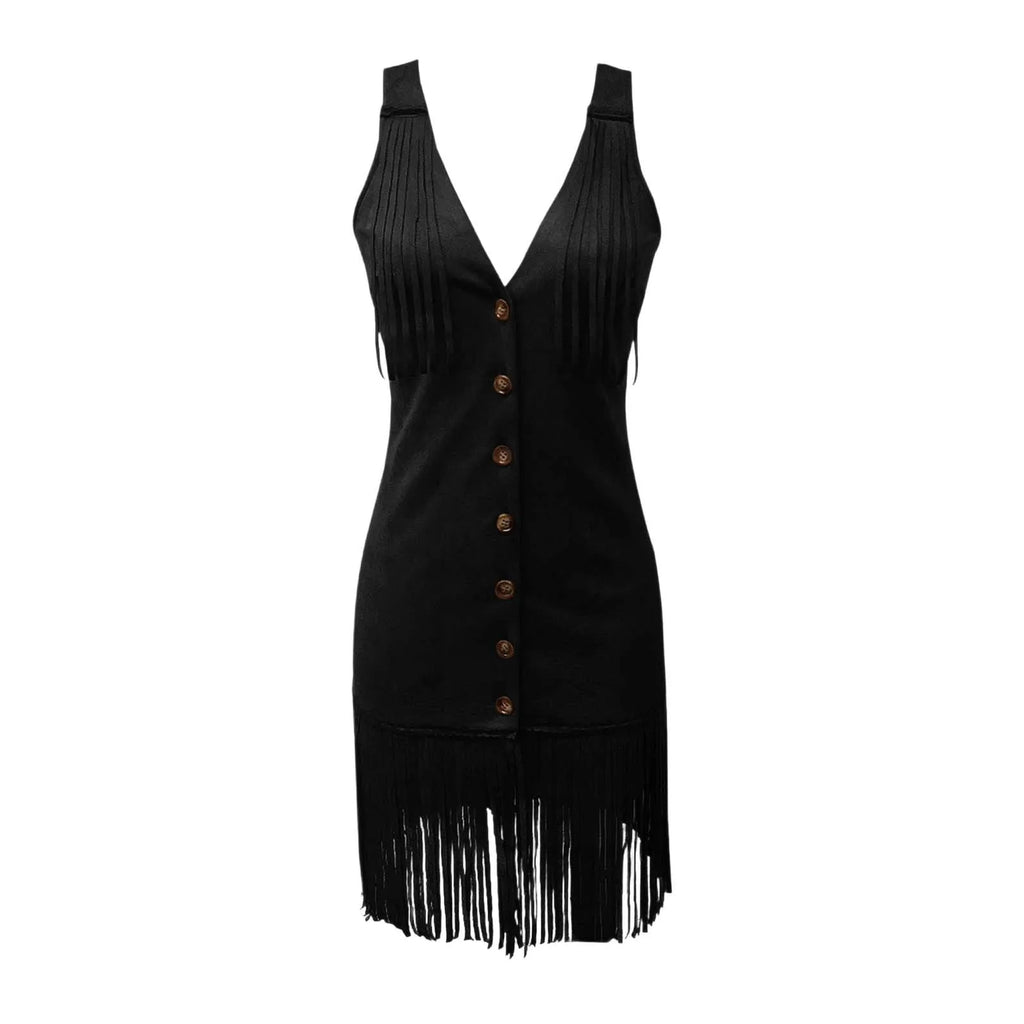 Deep V-Neck Tassel Slim Dress – Sleeveless Velvet Detail | Women's Vintage Party Wear