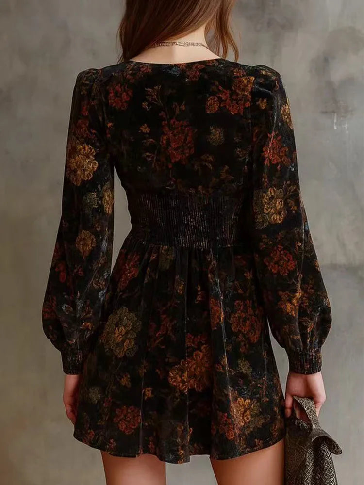 Women's Black Floral Velvet Dress – V-Neck Long Sleeve Bodycon Elegant Evening Dress