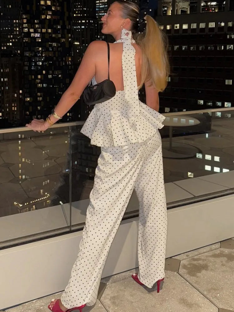 Women's 2-Piece Polka Dot Set – Sleeveless Top & High-Waist Pants Outfit