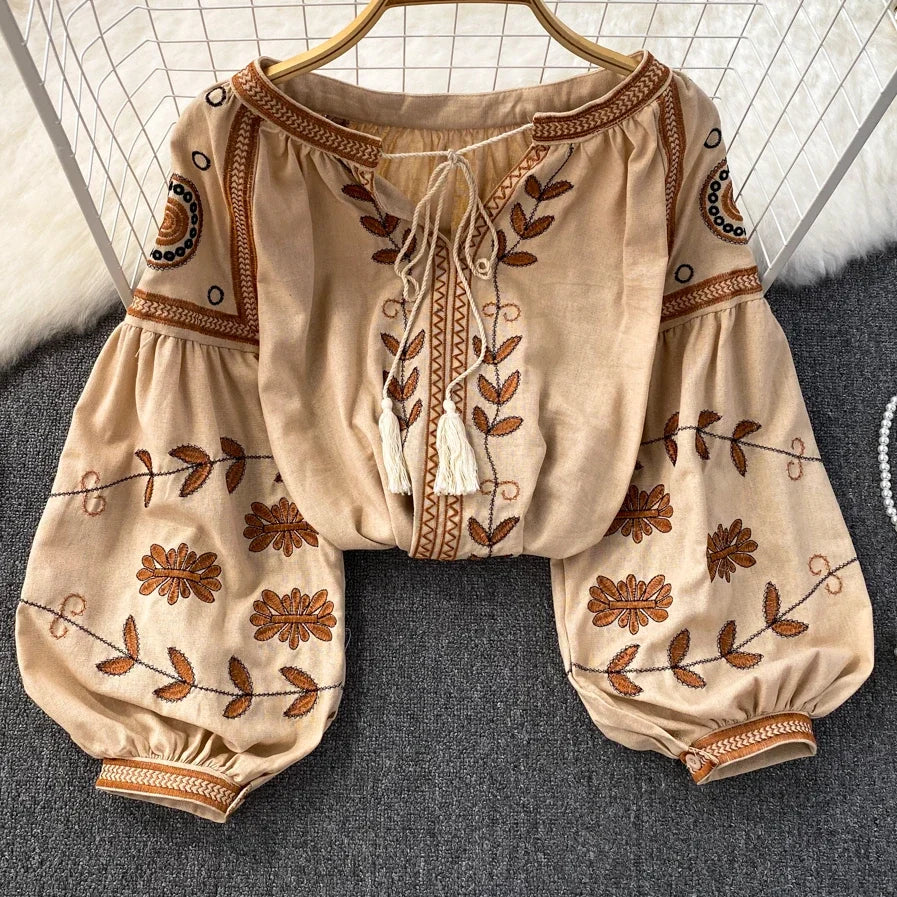 Women's Boho Floral Embroidery Blouse | Lantern Sleeve Loose Cotton Linen Top | Vintage Beach | TEELYNN