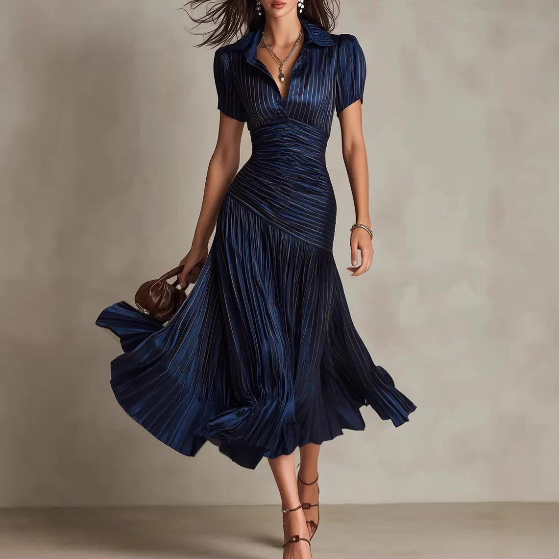 Striped A-Line Maxi Dress – Short Sleeve High Waist Slim Long Dress for Women