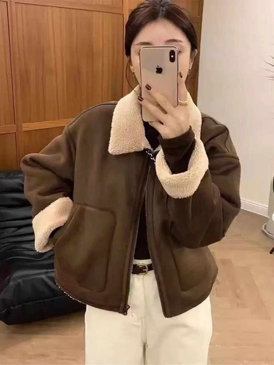 Women's Korean Lamb Fur Jacket – Retro Collared Loose Short Coat
