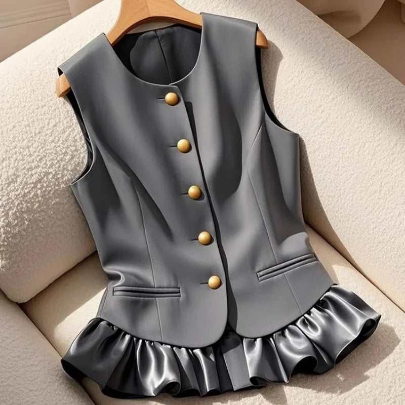 Women's Color Block Blazer Vest | Sleeveless Waistcoat Retro England Style | Adjustable Waist | Spring Summer | JBOLID