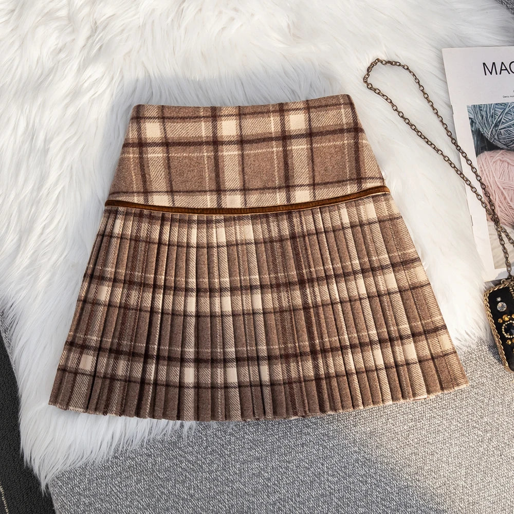 Women's Plaid Woolen Pleated Mini Skirt – High Waist Preppy Y2K Korean Style | Autumn Winter