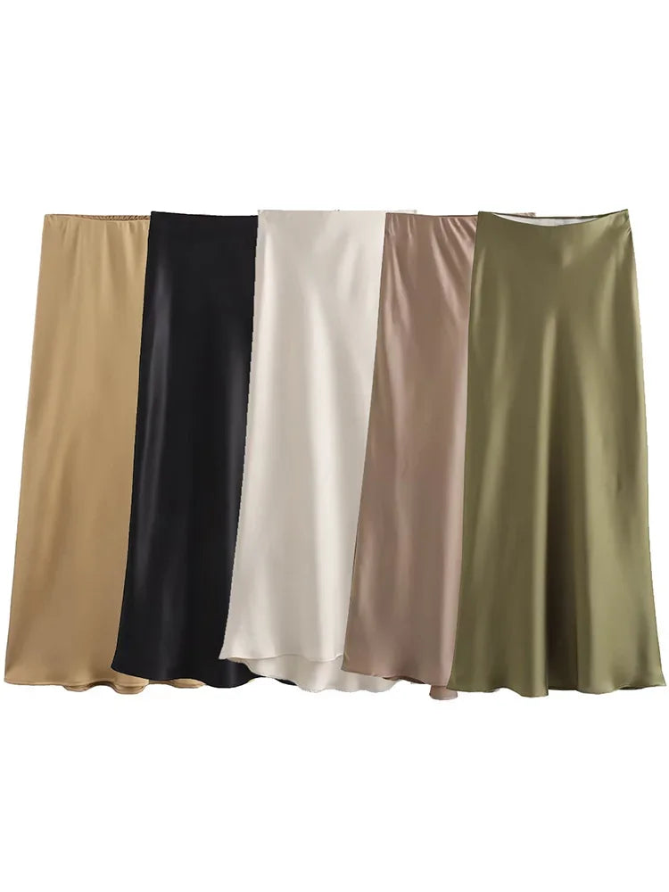Women's Satin Midi Skirt | High Waist A-Line Elegant Skirt | Office & Casual All Season