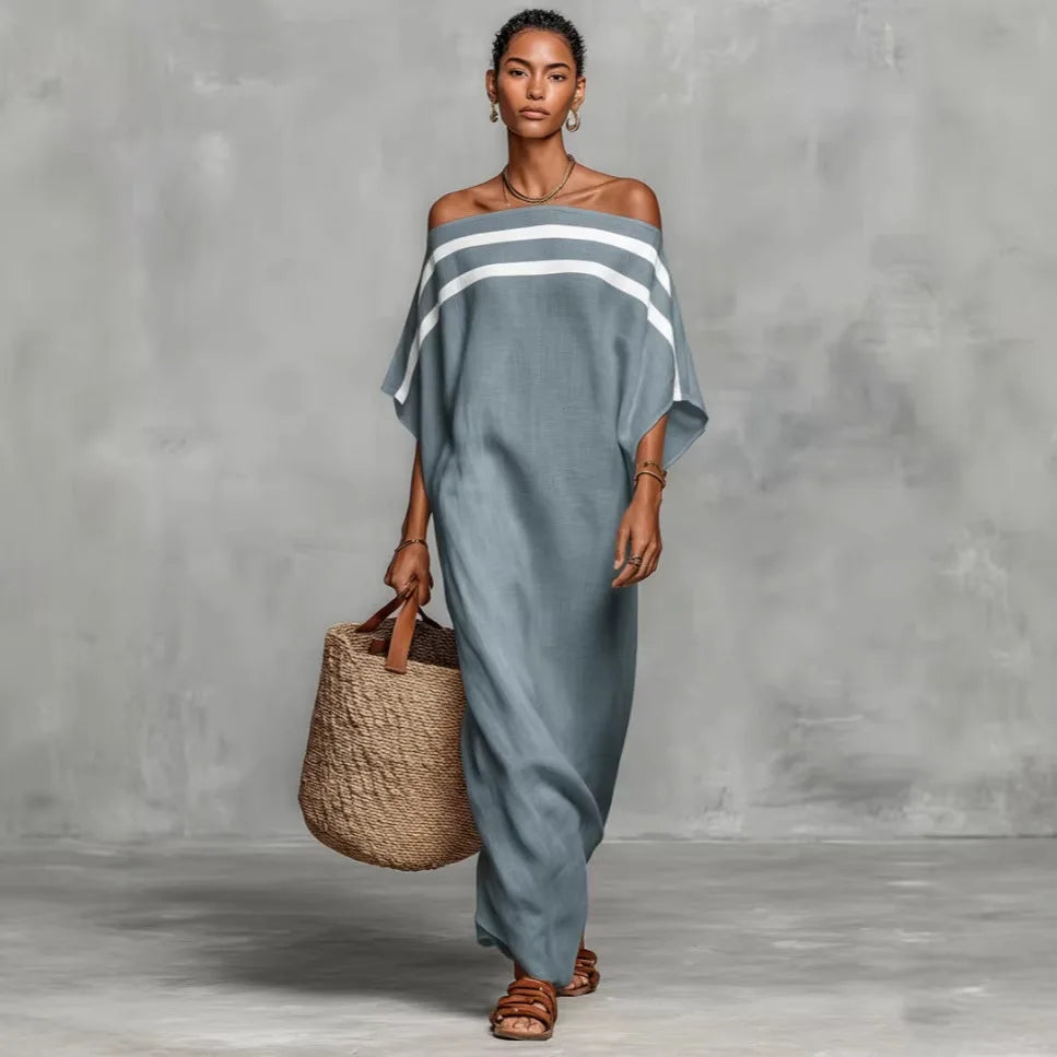 Women's Striped One-Shoulder Maxi Dress – Retro Beach Vacation Dress