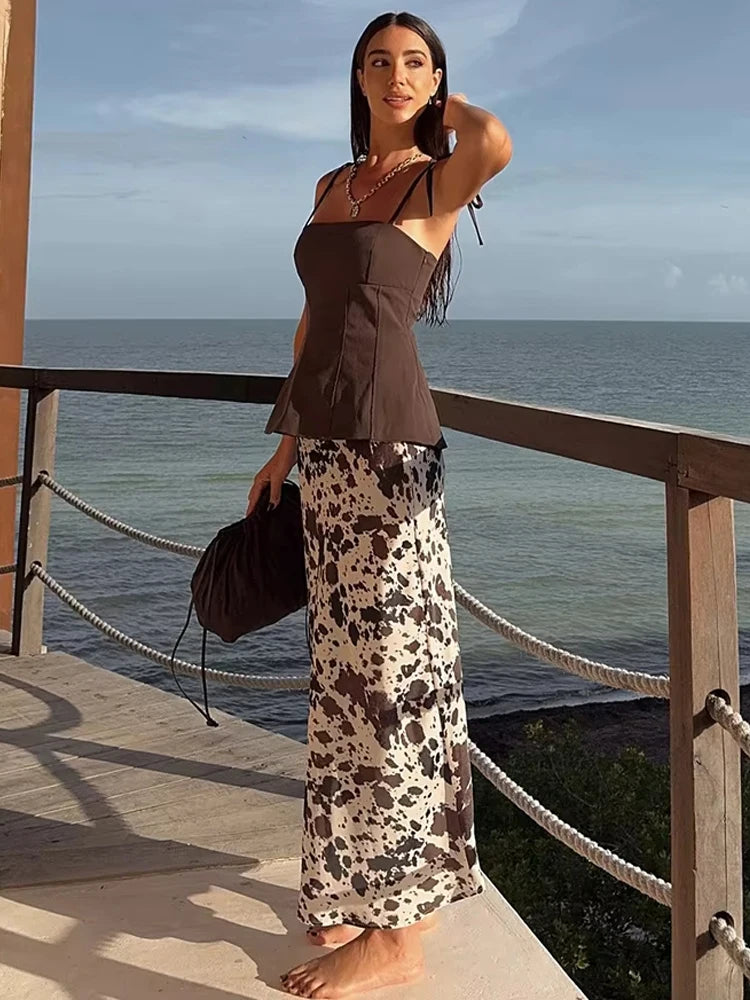 Women's Vintage Print Satin Midi Skirt – High Waist with Belt | Spring Summer Style