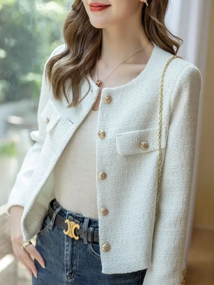 Women's French Tweed Short Coat – Gold Button Slim Jacket | Office Lady Style